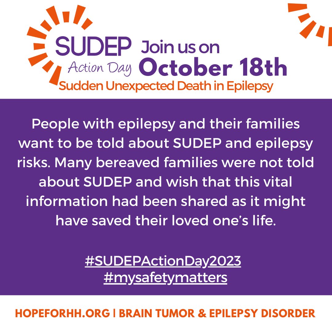 HopeforHH's tweet photo. October 18th is #SUDEPActionDay2023. The goals for this day are to encourage people with epilepsy to learn about SUDEP and their individual risk, motivate research, and honor the lives lost. Learn more: https://t.co/5y3rICaAmZ
#SUDEPActionDay2023
#mysafetymatters
#AimForZero https://t.co/FvTIAHTpU9