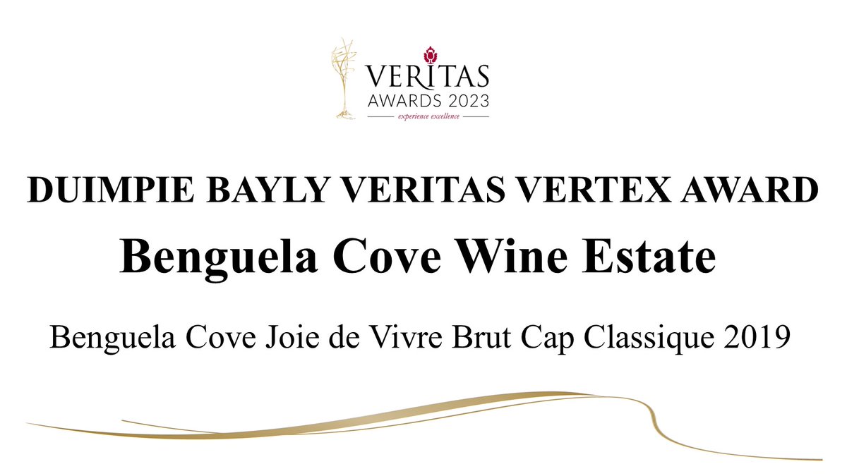 2023 #VeritasAwards #DuimpieBaylyVeritasVertexAward for overall Champion Wine of the competition goes to: @BenguelaCove Joie de Vivre Brut Cap Classique 2019 #VeritasWineAwards #ExperienceExcellence #DuimpieBaylyVertexAward