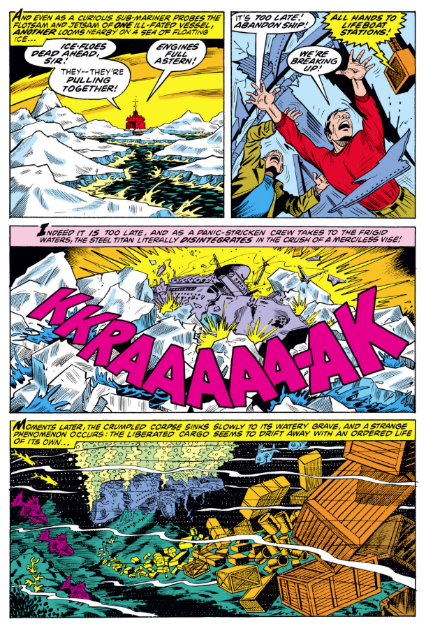 MarvelADay's tweet photo. #SM55 #MarvelADay Leaving the earring mystery, we must engage with another mystery or two: some sunken Antarctic debris and a ship is crushed by icebergs! The cargo mysteriously drifts underwater too! The icebergs look pretty cool, though. PMB https://t.co/6mJO7dnGUa