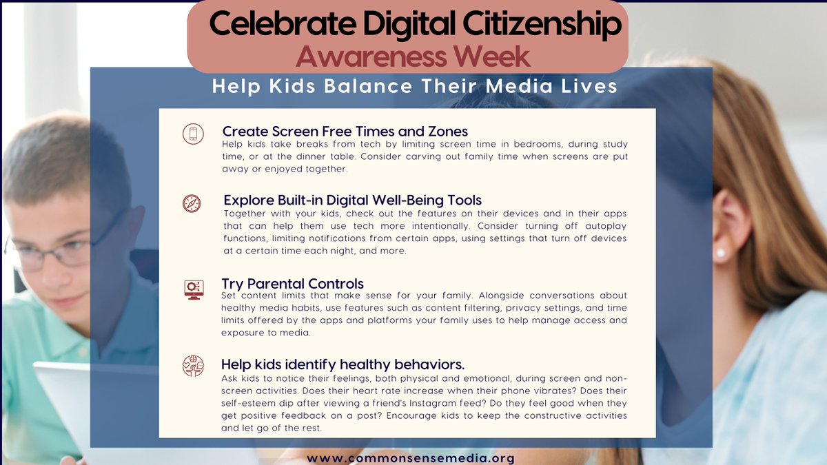 It's #DigitalCitizenshipWeek.  Let's empower our kids to strike the perfect balance in their media lives. Encourage mindful screen time, open conversations, and teach responsible online behavior. Together, we'll shape the future of responsible digital citizens! #DigCitWeek