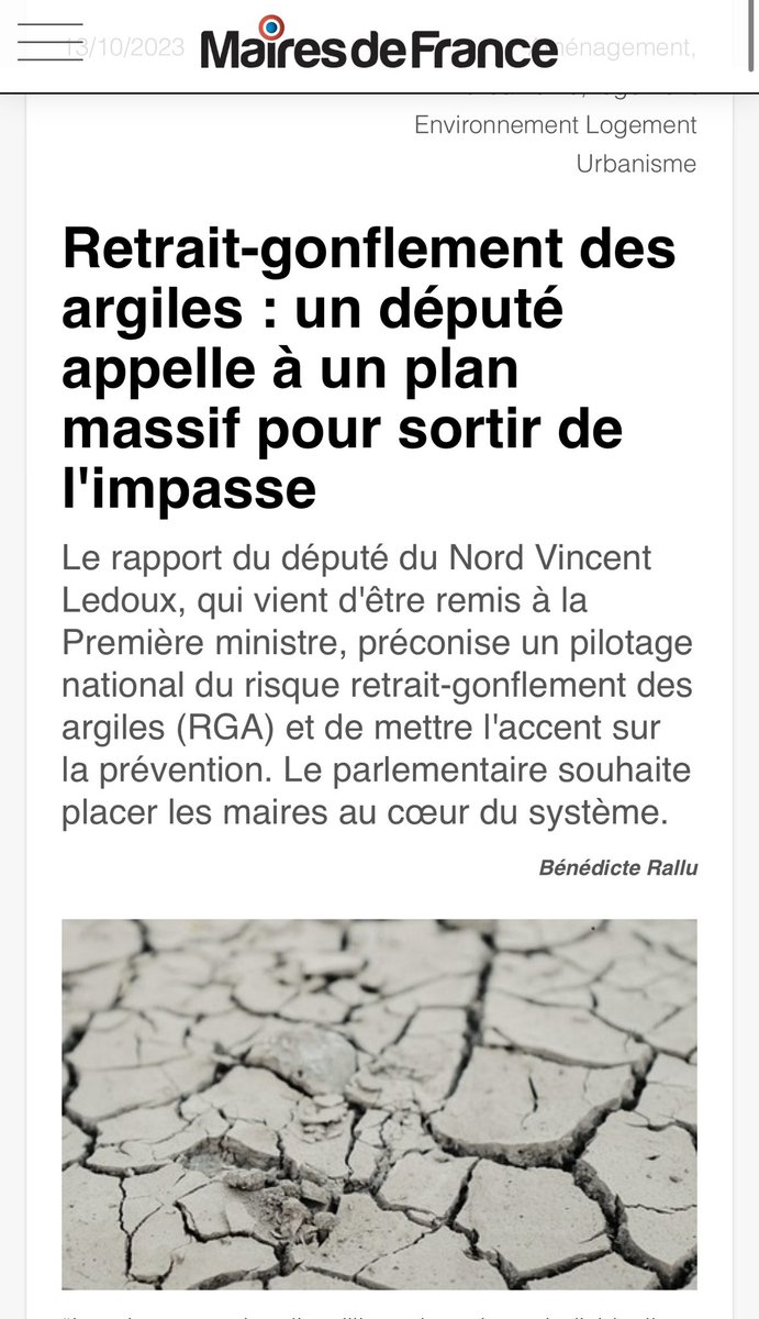 VincentLedoux59's tweet photo. Placer les #maires au cœur d’un pilotage national massif du #retraitgonflement des #argiles #RGA, c’est l’une des recommandations que je formule dans mon rapport au @gouvernementFR @l_amf @FaureDominique 👉🏼https://t.co/RPOhrhhhVp https://t.co/674jq6LWBM