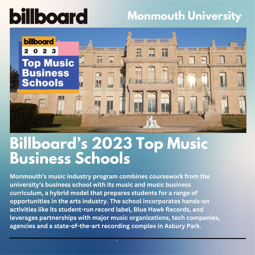 Proud to once again have <a href="/monmouthu/">Monmouth University</a> make the <a href="/billboard/">billboard</a> magazine top music business schools list. Link to article and list here: monmouth.edu/now 
<a href="/MonmouthUMusic/">MU Music & Theater</a> <a href="/BlueHawkRecords/">Blue Hawk Records</a> <a href="/MonmouthAlumni/">Monmouth Alumni</a> <a href="/monmouthunews/">MonmouthNow</a>