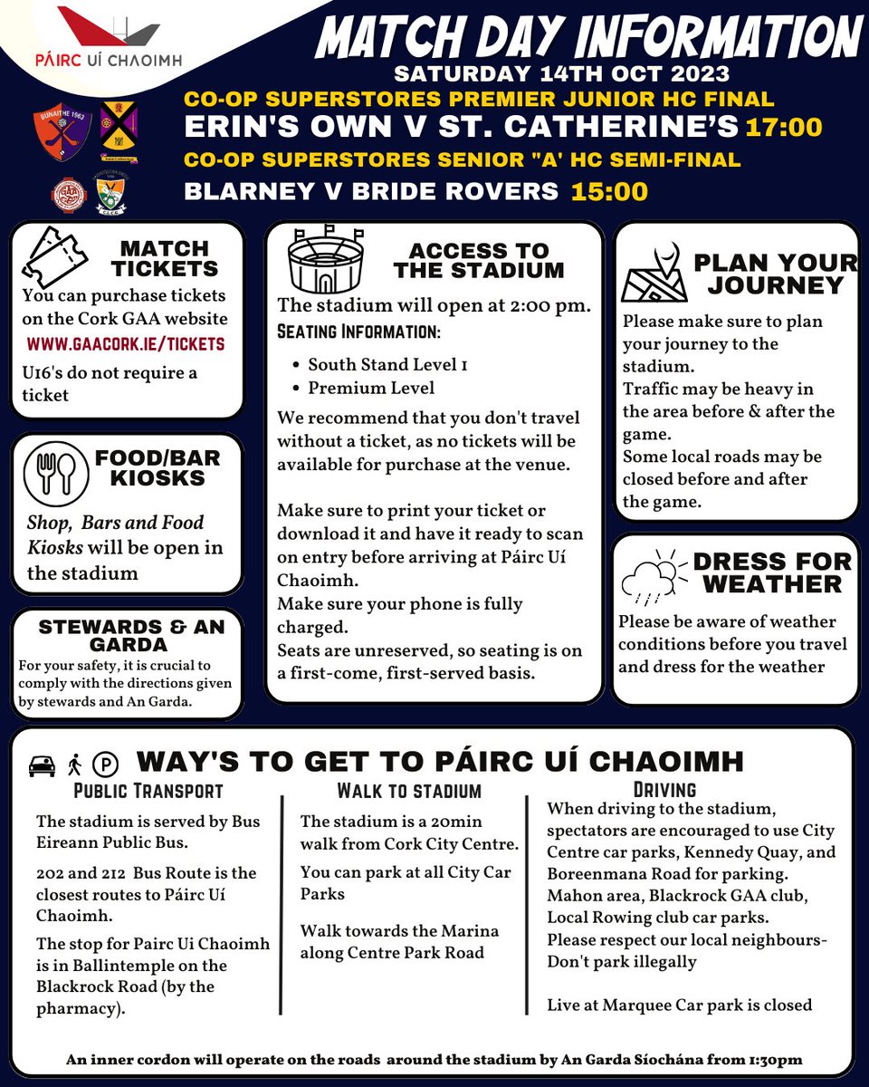PaircUiCha0imh's tweet photo. 🏟️ Key Match Day Info at Pairc Ui Chaoimh 🏆
🕒 3pm - Senior A HC Semi-final replay: Blarney vs. Bride Rovers
🕔 5pm - Premier Junior HC Final: St. Catherine’s vs. Erin's Own
🎟️ Get your tickets at https://t.co/06ijwWRjDQ.
Don't miss the action! 🙌 #GAA #Hurling #GameINFO https://t.co/vbcKBR7ERs