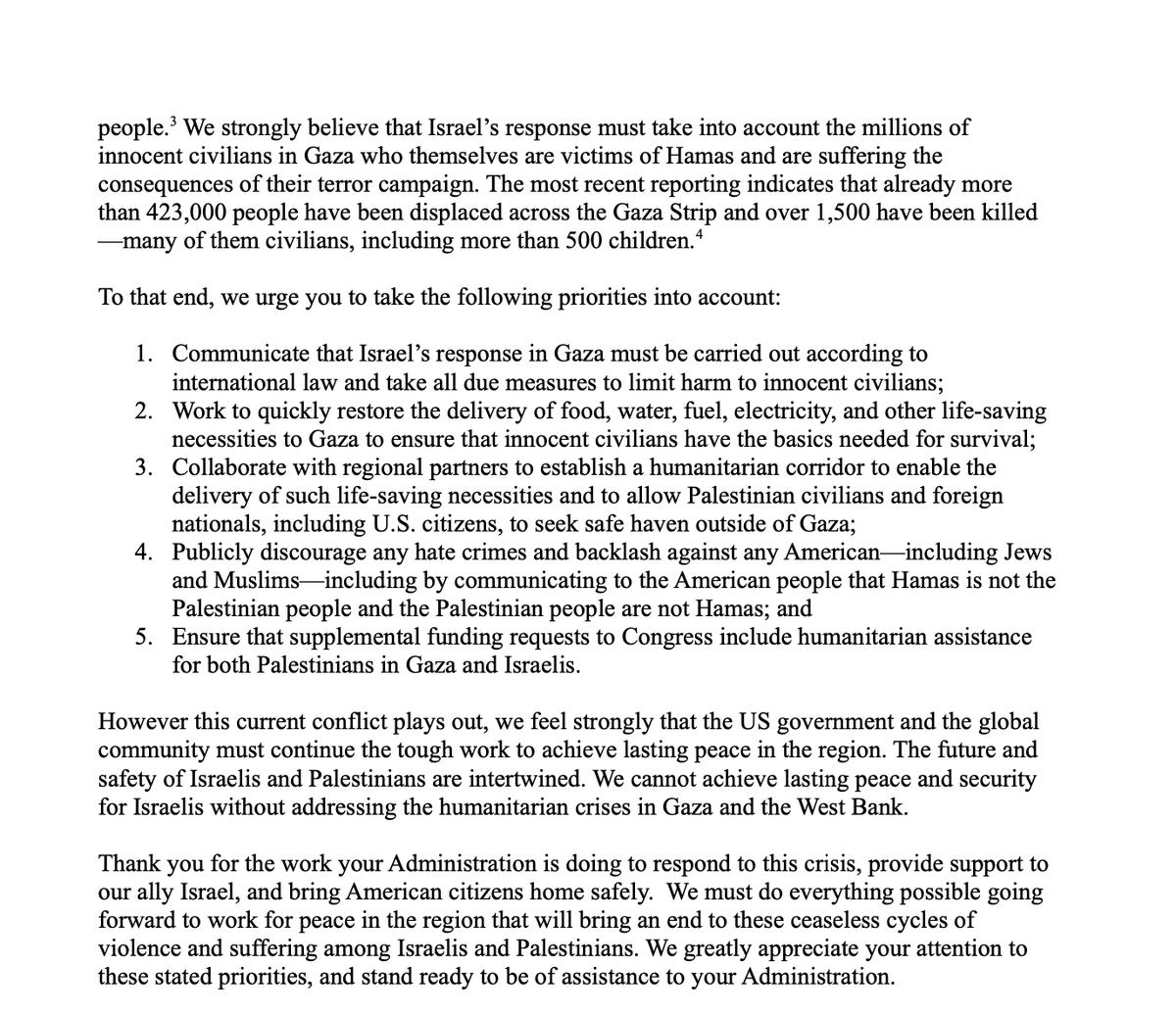Today, Rep. AOC joined over 50 her colleagues in calling on the President to protect the human rights of Palestinians in Gaza following Saturday's devastating attack in Israel. That includes delivering food and water to Gaza, providing safe passage, and humanitarian assistance.