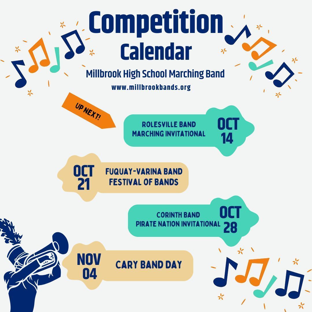 millbrookband's tweet photo. Stay posted for rain updates! 🎶Get ready for our upcoming band competition!🎶 Millbrook takes the stage at 7:49pm Find more info here: https://t.co/U9wKSYKdTv #millbrookbands #bandlife #bandcompetition #blueimpressions https://t.co/9iOl3NIxZp