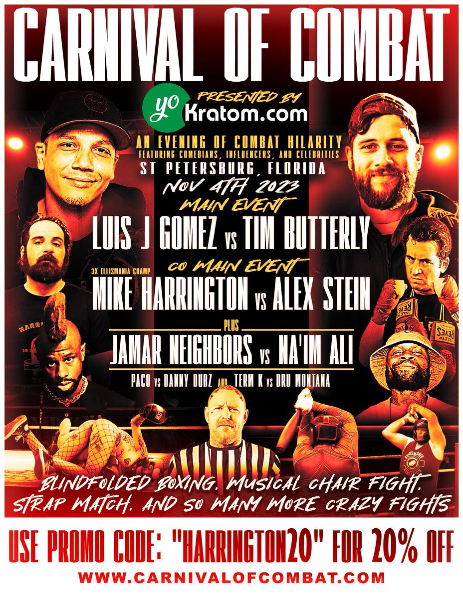 TheMHarrington's tweet photo. I’m going troll hunting on November 4th when I meet @alexstein99 at Carnival Of Combat at @thefactorystpete I will win and there will be blood. 

Tickets at  https://t.co/8w0diKJQy9 and use the promo code “Harrington20” for 20% off! #carnivalofcombat #whosyourdaddy #ellismania" https://t.co/FR95ki97L6