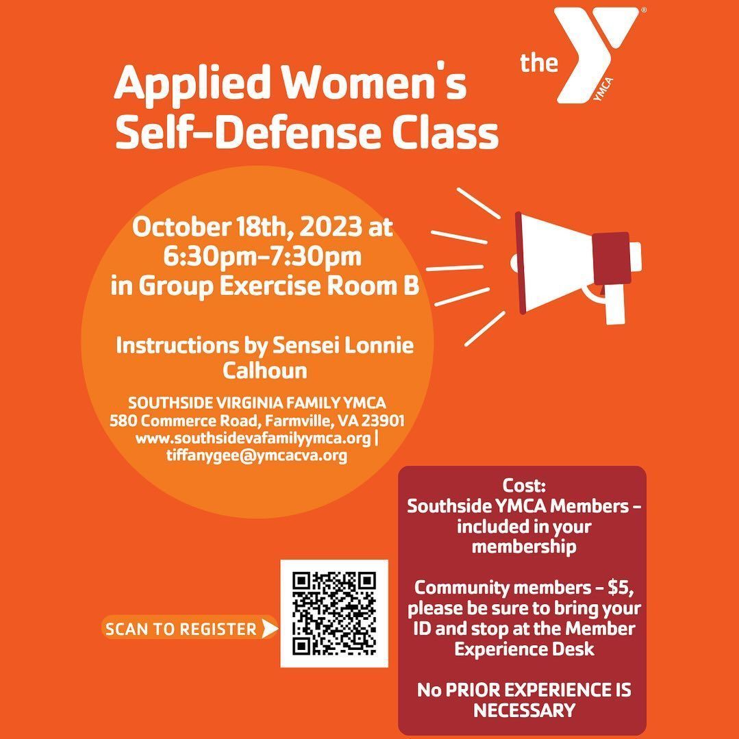 FVAevents's tweet photo. Southside VA Family YMCA is offering a women's defense class on Wednesday, October 18. This class is free for Y members, and $5 for everyone else. The 1-hour class starts at 6:30 p.m. Get info: https://t.co/nTzeuyw5Kk. #FVA https://t.co/Yb81s3LoWE