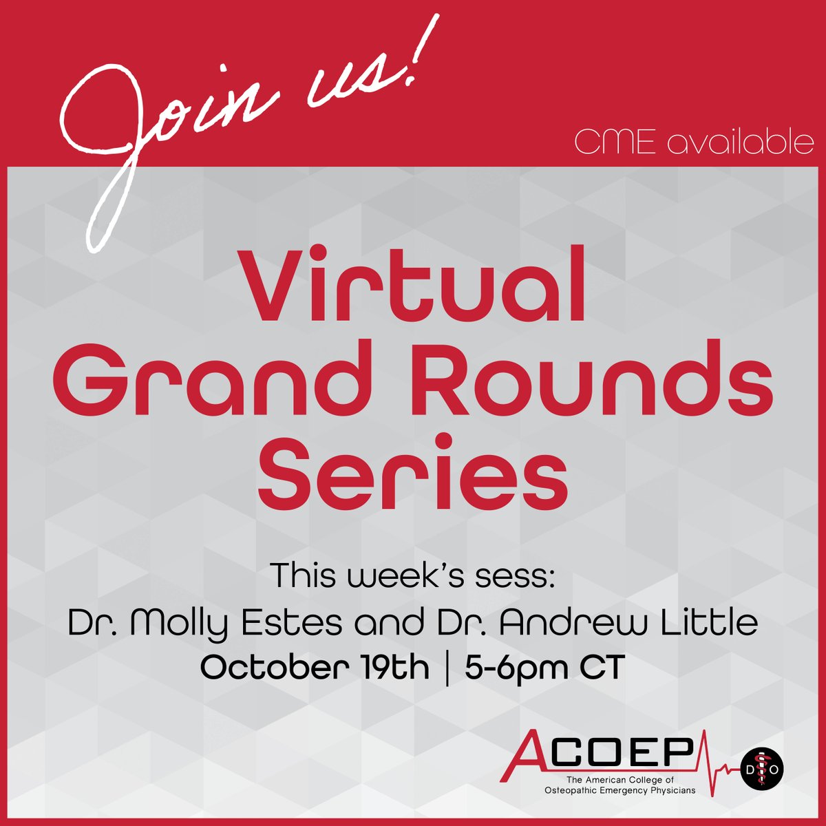 Earn CME credits! Sign up to see Dr. Estes and Dr. Little for our next Virtual Grand Rounds webinar on Oct 19th at 5pm CT. Register now for the full series or individual sessions! We'll see you there! ow.ly/xjlW50PSzBm