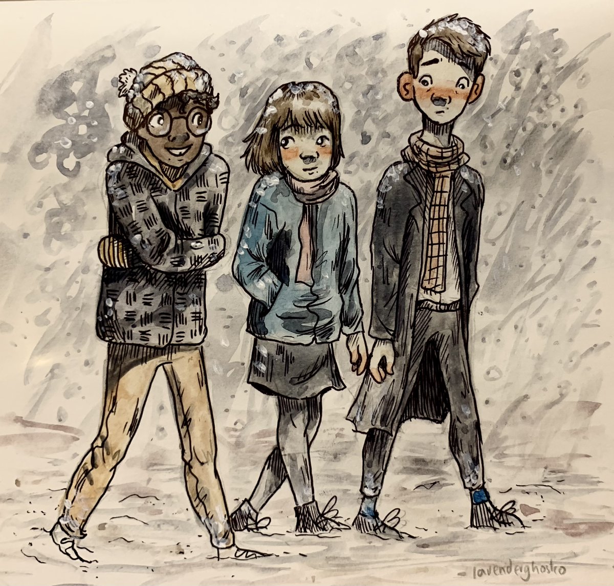 lavenderghostco's tweet photo. Tongiht's average doodle!! A fluffy winter scene requested by Areille and Gabs!! 

I know it's not halloween yet but I need the trio in a snowy scene okay its a must 😂❄️🌨️

#SaveLockwoodandCo
#SkullsFridaythe13th
Lockwood and Co Halloween https://t.co/gfj8PZtFtd