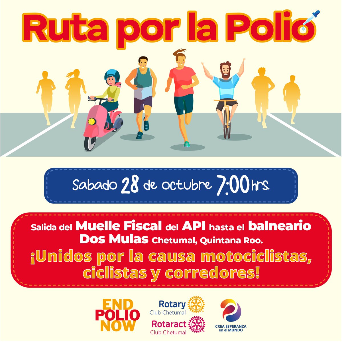 ERRADIQUEMOS la POLIO en el MUNDO ❗
Éste sábado 28 de octubre súmate con el Club Rotario Chetumal a la caminata y rodada "RUTA POR LA POLIO", a las siete de la mañana en el muelle fiscal de la API, para llegar hasta dos mulas.

Súmate y participa.

Club Rotario Chetumal.