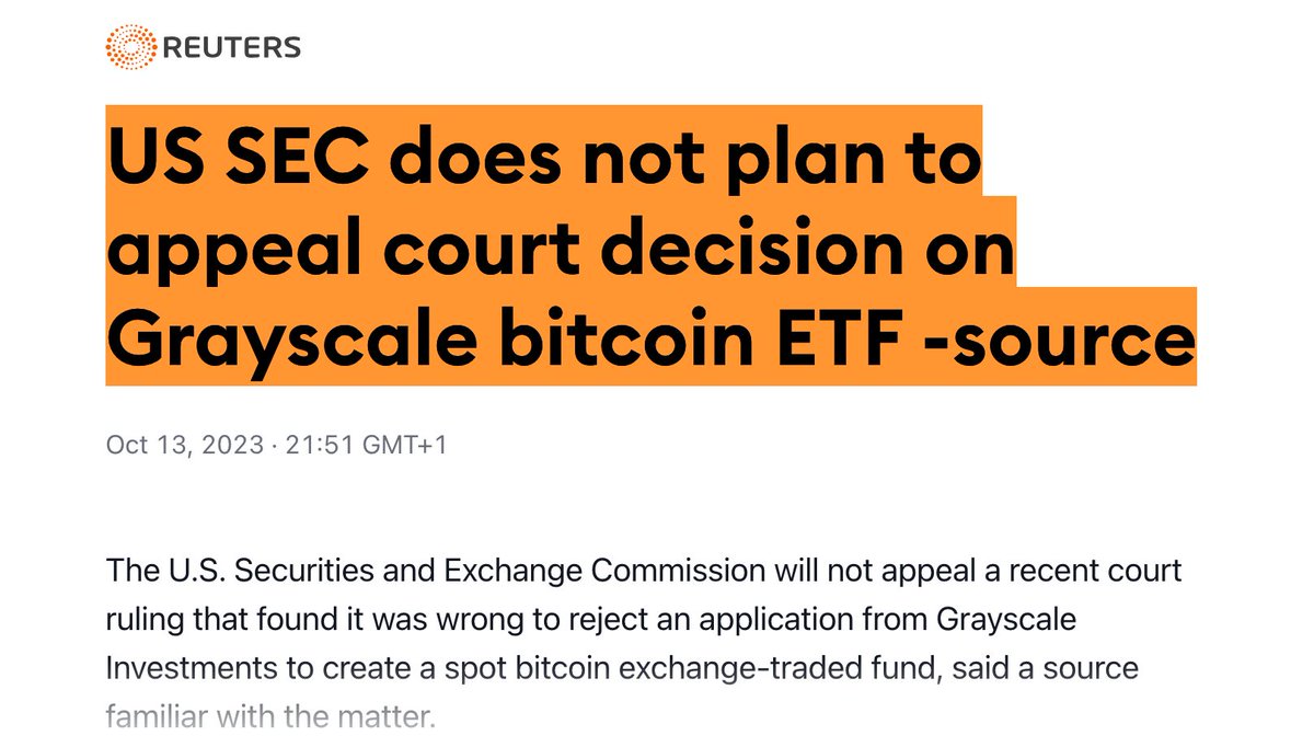 BREAKING: 🚨 SEC does not plan to appeal court decision on Grayscale spot #Bitcoin  ETF conversion. 🚀