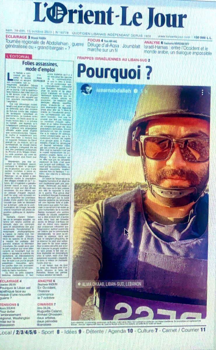 La une de <a href="/LOrientLeJour/">L'Orient-Le Jour</a> demain.
Profondément choqués et attristés par la mort de Issam Abdallah tué par une frappe israélienne alors qu’il faisait son métier. Pensée à tous nos collègues de @reuters mais aussi de l’<a href="/afpfr/">Agence France-Presse</a> et d’ <a href="/AJEnglish/">Al Jazeera English</a>