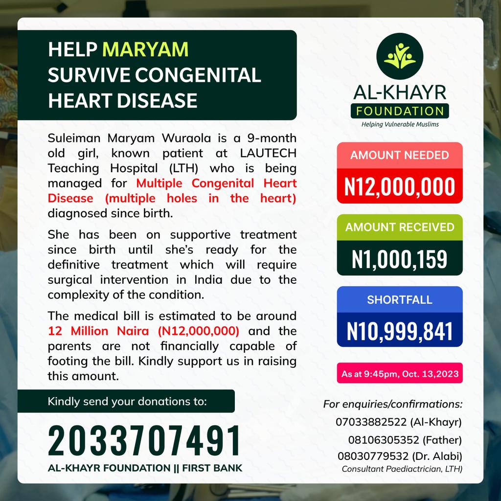 AMHS_LTH_CHS's tweet photo. HELP MARYAM SURVIVE CONGENITAL HEART DISEASE

So far, we've received #1,000,159. A total amount of #10,999,841 is still needed for her to get an adequate treatment.

The account details are provided below:
Bank: FBN
Account name: Al-khayr Foundation
Account number: 2033707491 https://t.co/H6dPDZeCvq