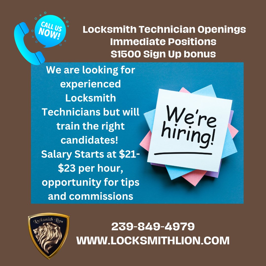 We are now hiring! Immediate opening with competitive salary and $1500 Sign-up bonus. Call  now 239-849-4979 locksmithlion.com #locksmithlion #naples247locksmith #hiringnow #swfljobs #immediatelyhiring #locksmithjobs #naplesjobs #hiringinnaples #signupbonus