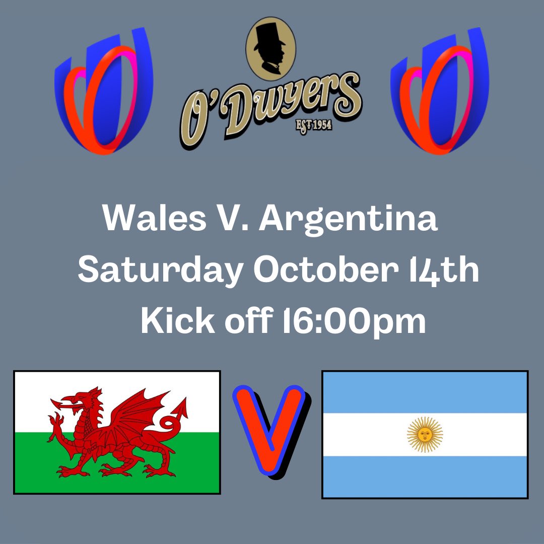 🏉Don’t miss the Semi Finals of the Rugby World Cup at O’Dwyers!🏉 🏉Wales 🏴󠁧󠁢󠁷󠁬󠁳󠁿 V. Argentina 🇦🇷 - 4pm 🏉Ireland 🇮🇪 V. New Zealand 🇳🇿 - 8pm. Don’t miss the action! 🏉 Catch all Rugby World Cup fixtures live at O’Dwyers Kilmacud! 😃 #IRFU #RugbyWorldCup #RugbyWorldCup2023 #RWC2023