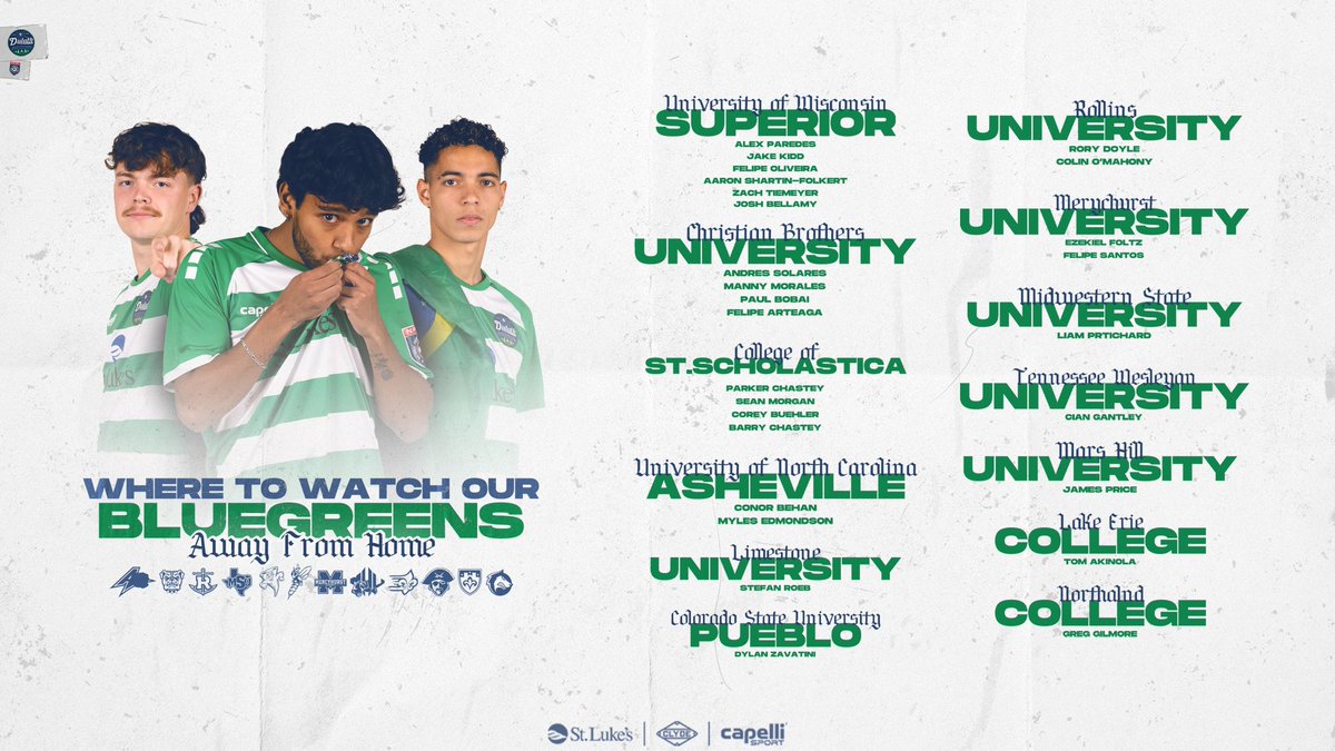 DuluthFC's tweet photo. 𝘽𝙡𝙪𝙚𝙂𝙧𝙚𝙚𝙣𝙨: 𝘾𝙤𝙡𝙡𝙚𝙜𝙚 𝙀𝙙𝙞𝙩𝙞𝙤𝙣

Find out where and how to watch our guys during the off-season!

Link: https://t.co/R78hcsrqfA

#BlueGreens #DuluthFC https://t.co/bycy3OPjLU