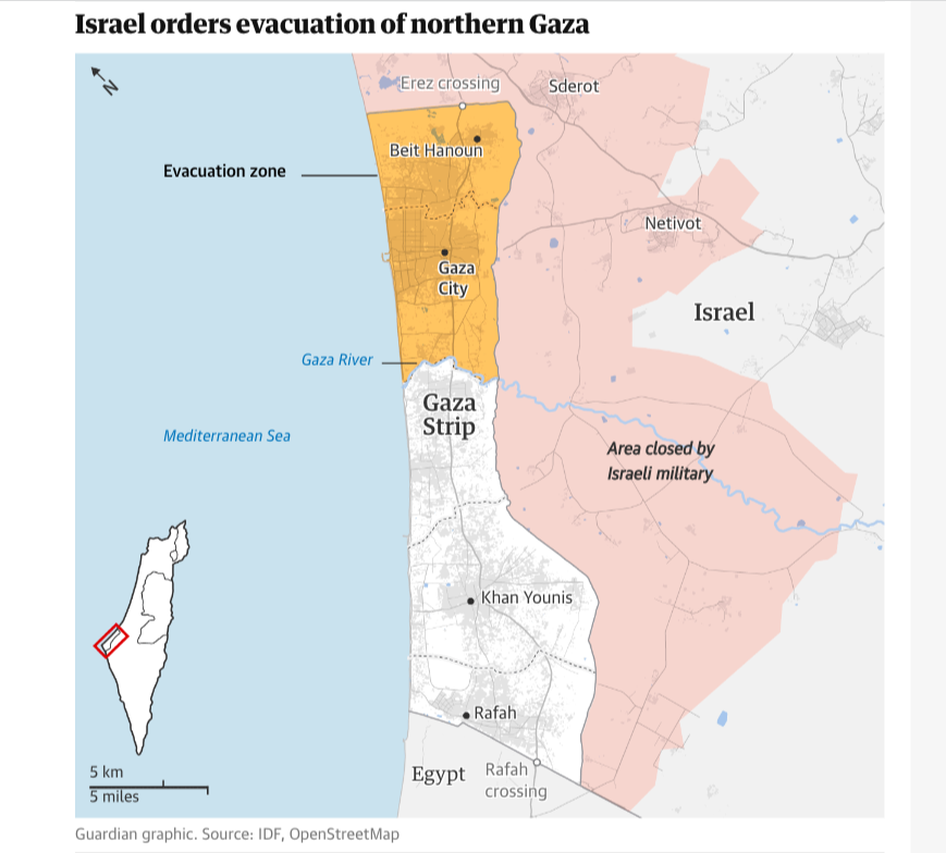 Esta mañana, Israel "ordenó" a los habitantes del norte de la minúscula Gaza que evacuaran la zona en 24 horas porque la va a hacer polvo.

Son 1.1 millones de personas que quiere que se vayan a meter quién sabe dónde, junto a 1.2 millones que son el resto de la población.