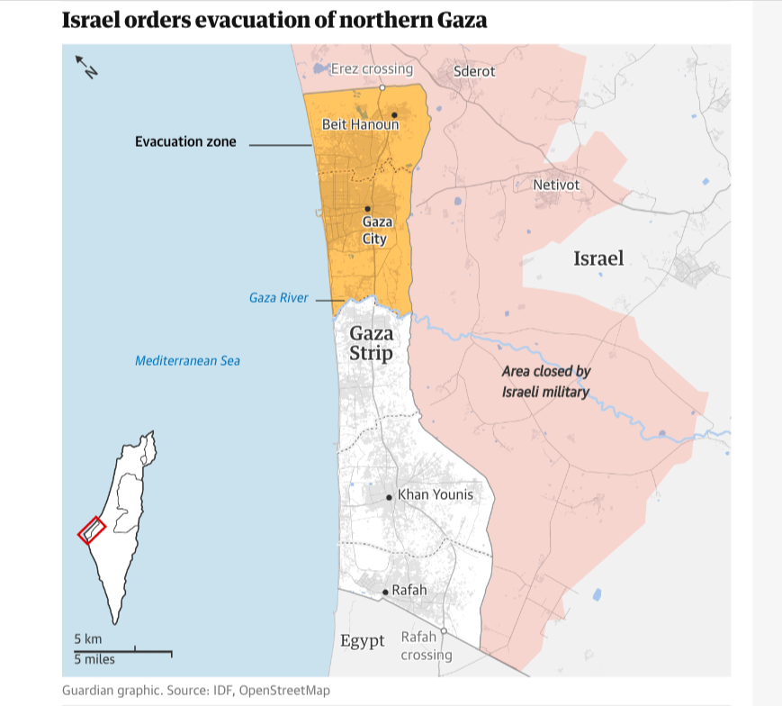 Esta mañana, Israel 'ordenó' a los habitantes del norte de la minúscula Gaza que evacuaran la zona en 24 horas porque la va a hacer polvo. Son 1.1 millones de personas que quiere que se vayan a meter quién sabe dónde, junto a 1.2 millones que son el resto de la población.