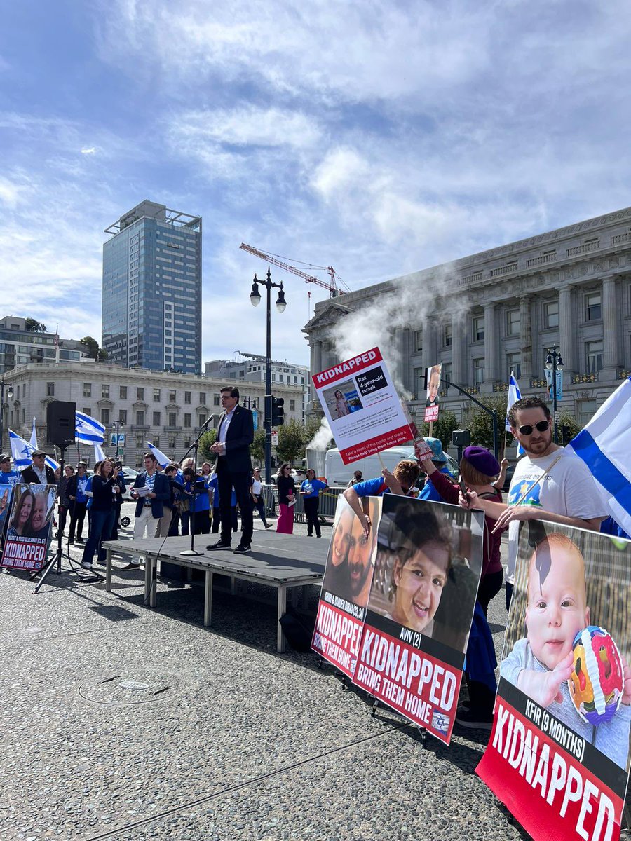 IsraelinSF's tweet photo. Today’s Bring Them Home rally in San Francisco Civic Center. It was a beautiful show of support in the face of brutal terrorism. We are praying for every individual taken hostage and for their families and friends awaiting news. #StandwithIsrael https://t.co/ec6HLt3g1A