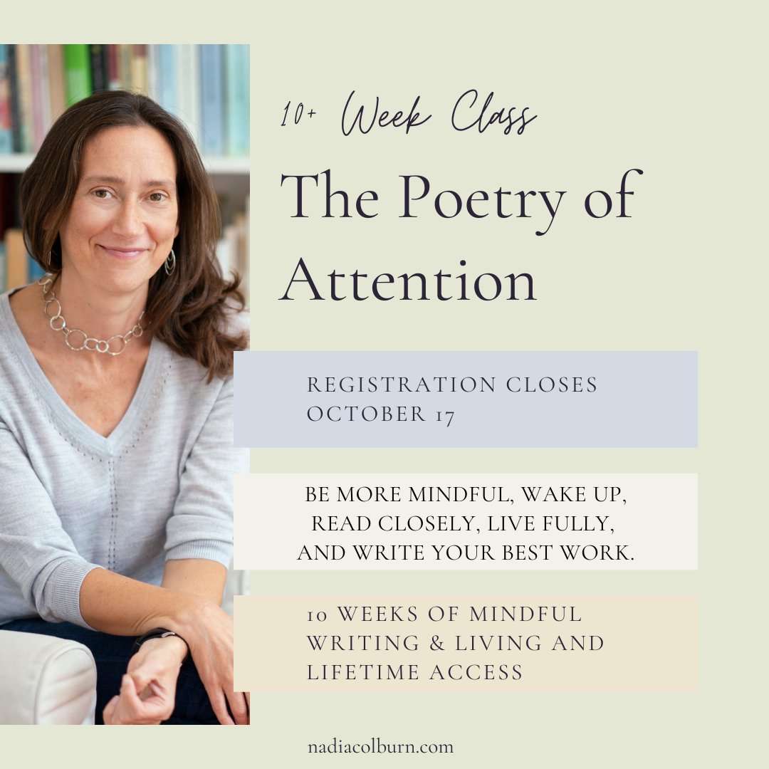 "Taking Nadia’s class changed my life and I do not exaggerate when I say it was how I found my true life, my true self." - Joanne R.
My annual poetry class is open for enrollment, with doors closing on October 17.
Please see: nadiacolburn.com/poetry-of-atte… for details and to register!