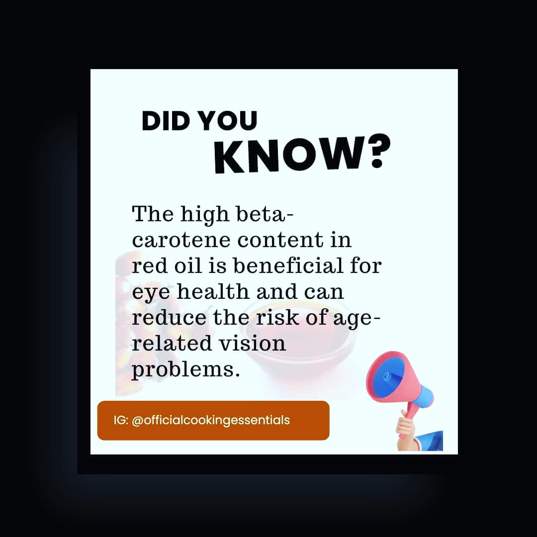 cookingess's tweet photo. Still on red oil matter!

🔹 Red oil is packed with beta-carotene, a powerful nutrient that supports eye health and reduces the risk of age-related vision issues. 

#EyeHealth #RedOilBenefits #VisionCare #NaturalRemedy #HealthyEyes #BetaCarotene #Nutrition #AgeGracefully #Abuja https://t.co/zi5IU7MTrs