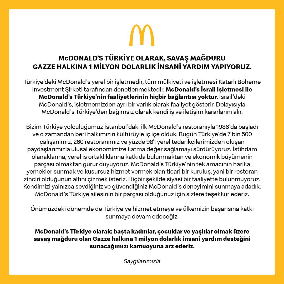IslamMediaFR's tweet photo. 🍔🇹🇷 FLASH - McDonald's Turquie a déclaré n'avoir aucune relation avec McDonald's Israël, qui fournit des repas gratuits à l'armée israélienne. 

▪️ Ils ont annoncé qu'ils fourniraient 1 million de dollars d'aide humanitaire à Gaza. https://t.co/GkTOPv98Ds