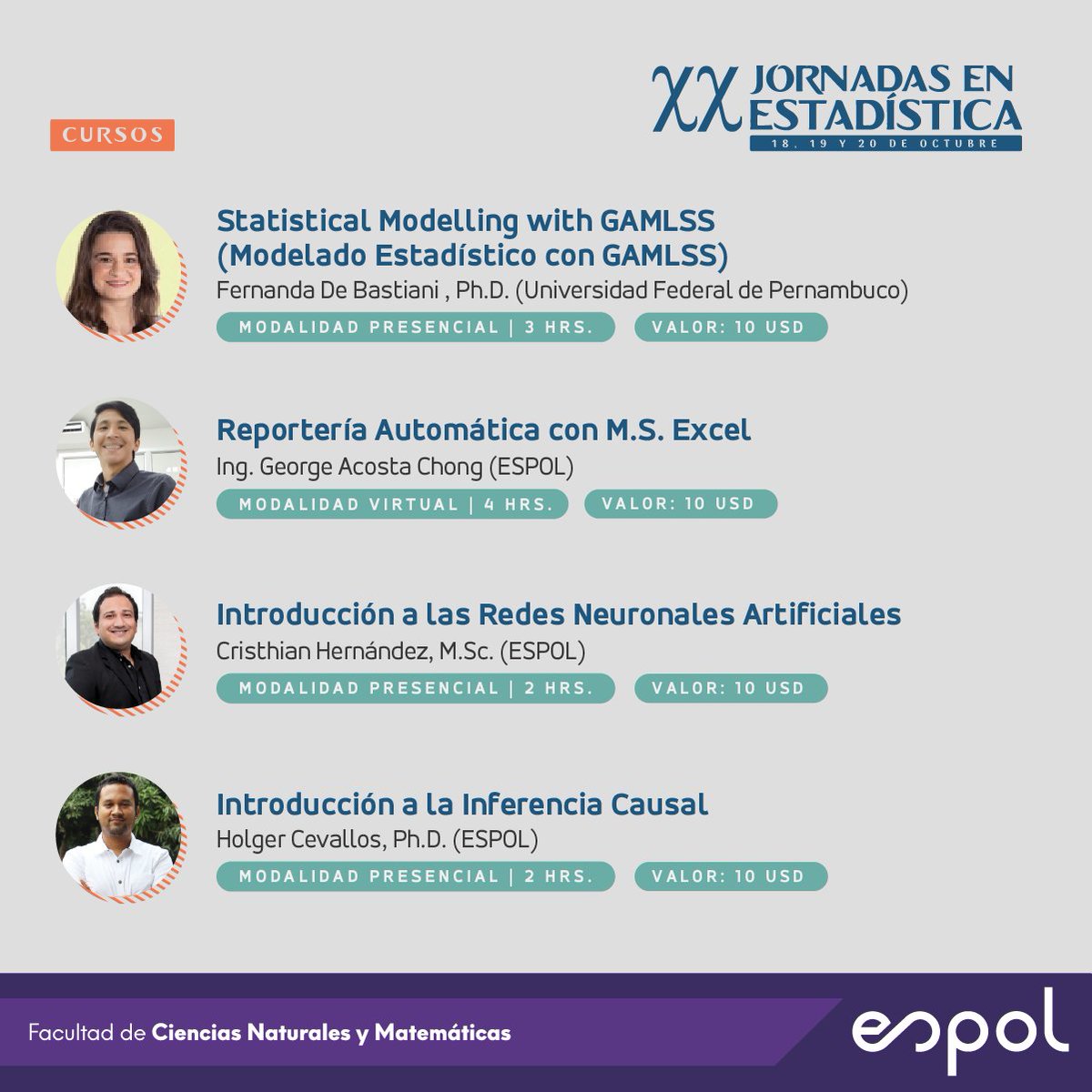 FCNM_Espol's tweet photo. Prepárate junto a los mejores expertos en los cursos que tendremos en las XX Jornadas en Estadísticas. 🙌🏼

No te lo pierdas y revisa más detalles en el siguiente enlace:
https://t.co/3OX6Kkpcj7 https://t.co/OuO1uwzXxe