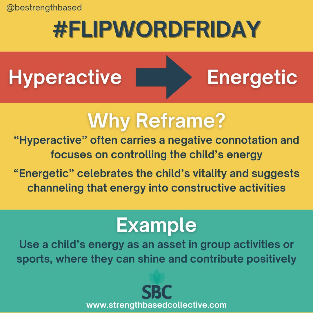 bestrengthbased's tweet photo. 🎉 Launching our newest series #FlipWordFriday! 🎉
Time to flip the script on the words we use with our kids. First up: "Hyperactive." Let's call it "Energetic" instead! 💥
#StrengthBased #Empowerment #Education #TeacherTips #SchoolPsychologist #MentalHealth https://t.co/HKAYxR0CSs