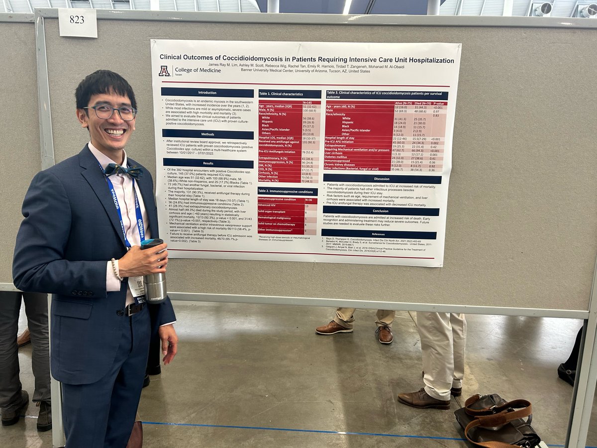 It's always a pleasure to see prior fellows and faculty from the UA continue to present fantastic work Congratulations to James Lim for presenting his work on clinical outcomes of Cocci in ICU patients @TirdadZangeneh @AlobaidiMD @uazresearch @UAZHealth @UAZMedTucson