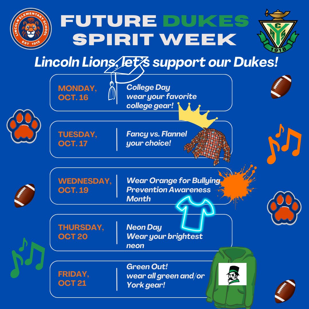 Lincoln Lions, let’s have some fun and support our York Dukes as they prepare for the big game next week! 

We have a number of former Lions participating as cheerleaders, dancers, musicians, or players on the field! #weared205 🧡💙💚