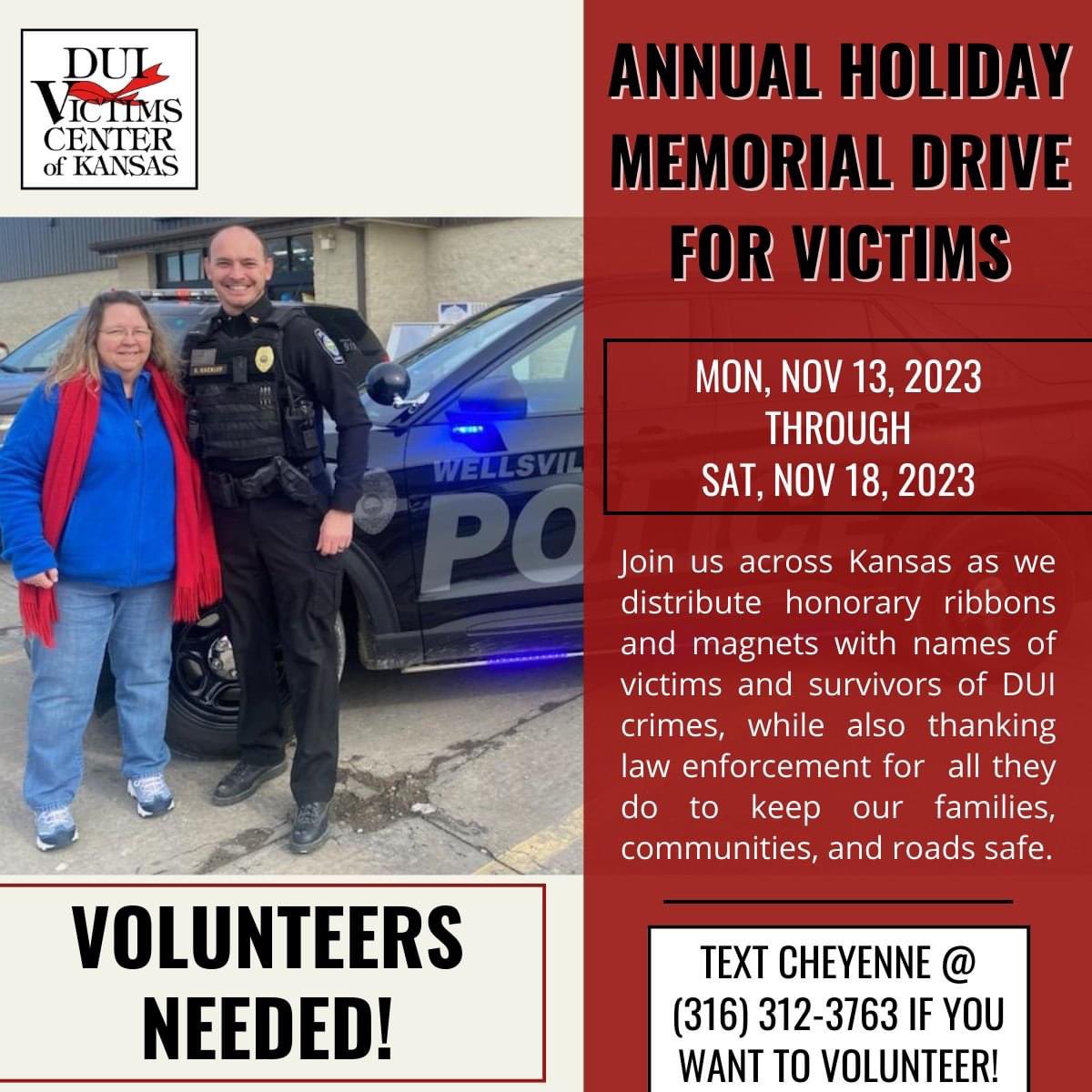 It's that time of year again and we NEED YOU!

#duivck #holidaydrive #MemorialDrive #inlovingmemory #missyou #memory #lawenforcement #AlwaysDriveSober #Holidays #DriveSoberOrGetPulledOver #saveyourvictim #becauseisaidiwould #supportlocal #localnonprofit #volunteer #ksvolunteer