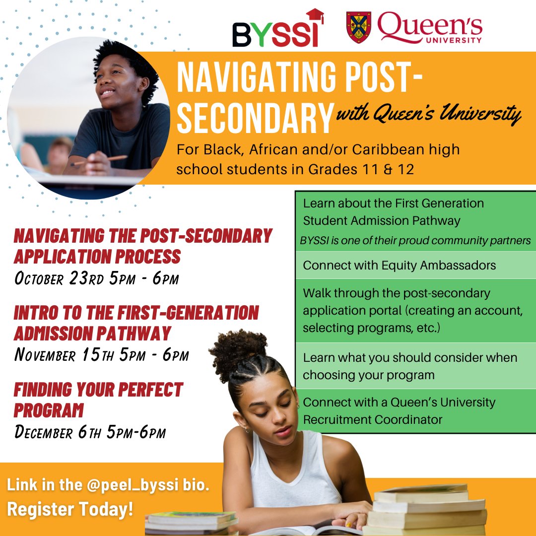 Join BYSSI and Queen's University for virtual workshops designed to help you navigate post-secondary.

Secure your spot and register today!

tinyurl.com/NavigatingPost…