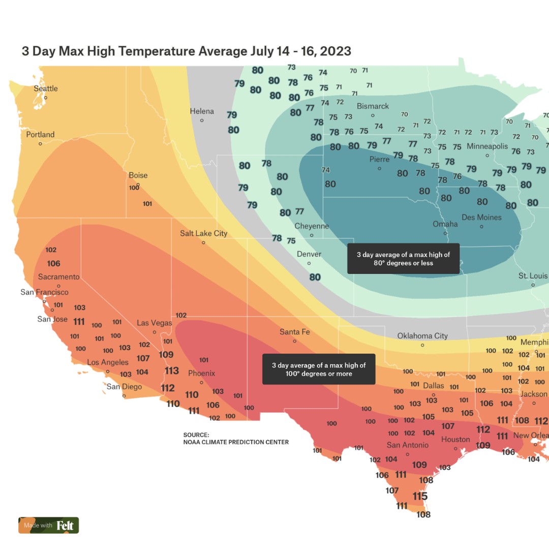 <a href="/mamataakella/">Mamata Akella</a> of Felt will discuss how Felt software, an emerging technology, revolutionizes online mapmaking. Pictured is a map Mamata made, using Felt, of three-day max high temperature averages from this past summer.