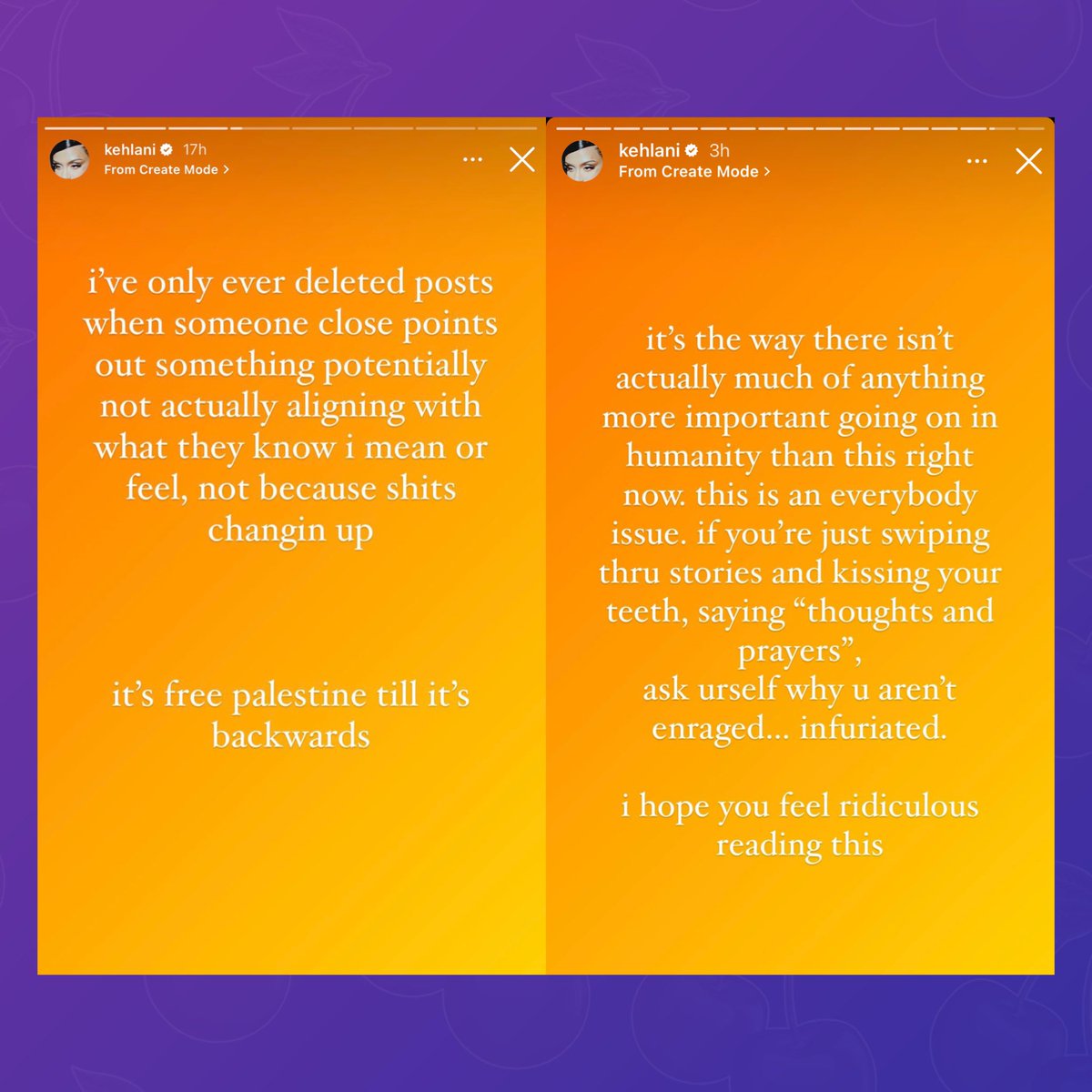 PopBase's tweet photo. Kehlani shows support to Palestine on Instagram and calls out those being silent:

“To my peers and people that are in the spaces I’m in, what the f*ck is wrong with y’all? You’re being silent for the sake of money and business… there’s an insane amount of unchecked privilege” https://t.co/ODdidVo0cA