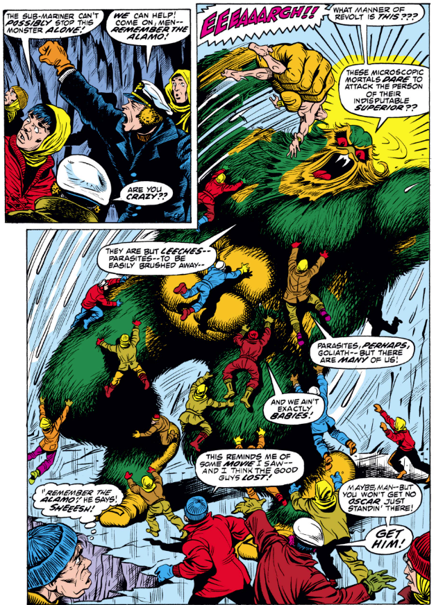MarvelADay's tweet photo. #SM55 #MarvelADay The fight between Namor and TORG has not been going so well, but luckily the shipwrecked sailors that the Snow-King rescued decide to repay this debt of gratitude by joining in on Namor's side... and tickling TORG? PMB https://t.co/EIDqGSftkL