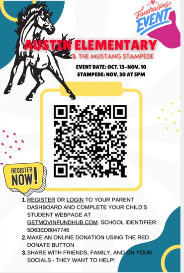 We are SO EXCITED! This morning we kicked off the Mustang Stampede, our ONE BIG Fundraiser! REGISTER FOR FREE and earn an Austin sticker: getmovinfundhub.com/register?schoo… Our School Identifier Code is: 5D63ED8047746