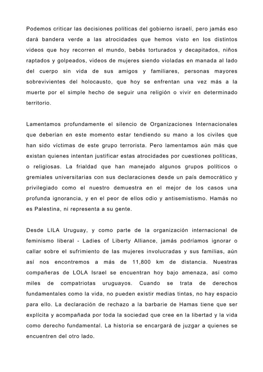 🚨Como mujeres defensoras de la libertad e integrantes de <a href="/ladiesofliberty/">Ladies of Liberty</a> jamás podríamos callar ante esta situación. La declaración de rechazo a los actos terroristas de Hamas tiene que ser explícita. La historia se encargará de juzgar a quienes se encuentren del otro lado.