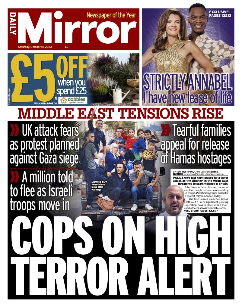 defencechris's tweet photo. #DailyMirror front page coverage of Israel Hamas war escalating. https://t.co/SCpFbTmHbM