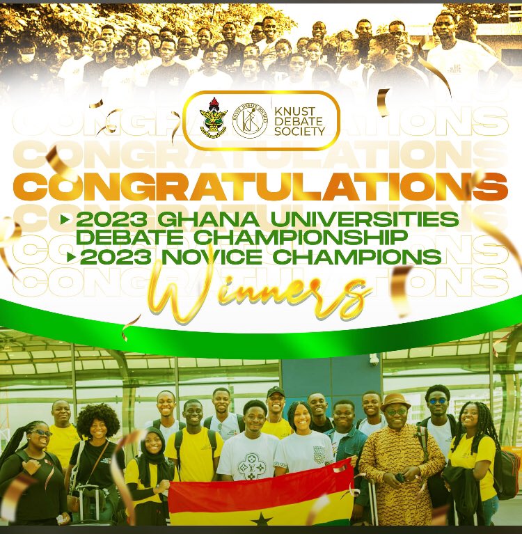 watsuptek's tweet photo. BREAKING NEWS📍📍📍

KNUST are the Novice Champions for the 2023 Ghana Universities Debate Championships!!!

The team has delivered again!!! No one does it better than KNUST. We are the best!🎉😍 Congratulations to the team.❤️🎉

#WatsuptekReport https://t.co/dAC286RUAh