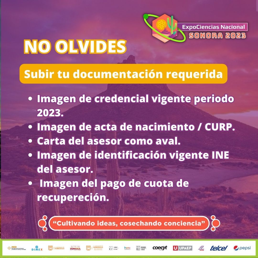 LaREDMex's tweet photo. 📌 ExpoCiencias Nacional 2023 Hermosillo, Sonora Ten todo a la mano tus documentos y verifica los anexos de tu registro. #ExpoCiencias #ECNSON2023 #SONORA #LaRedMex #soyexpociencias https://t.co/kl3BRcsQ7c https://t.co/0fXlZ1PrqD https://t.co/P88jrJdjTZ