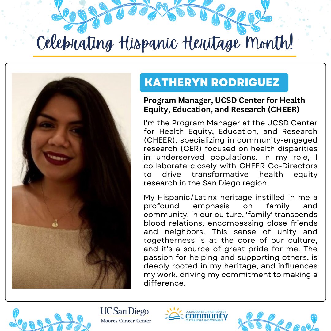 As we approach the end of #HispanicHeritageMonth, we're excited to shine a spotlight on our wonderful <a href="/UCSDHealthCHEER/">UCSD Center for Health Equity Education & Research</a> colleague, Katheryn (<a href="/katherynrodz/">Katherynrodz</a>)! She beautifully describes how the unity of her culture drives her commitment to making a difference. #HHM23 #LatineinSTEM
