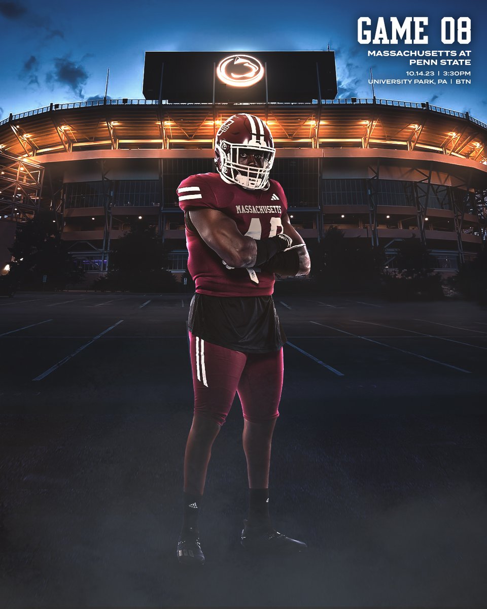 UMassFootball's tweet photo. 𝐆𝐀𝐌𝐄𝐃𝐀𝐘

🆚 #6/5 Penn State
📍 University Park, Pa.
🏟️ Beaver Stadium
⏰ 3:30 p.m.
📺 @BigTenNetwork 
📻|📱https://t.co/ijanovw9h8
📊 https://t.co/l6xWxcTOkL

#Flagship🚩 https://t.co/yFIGmciNka