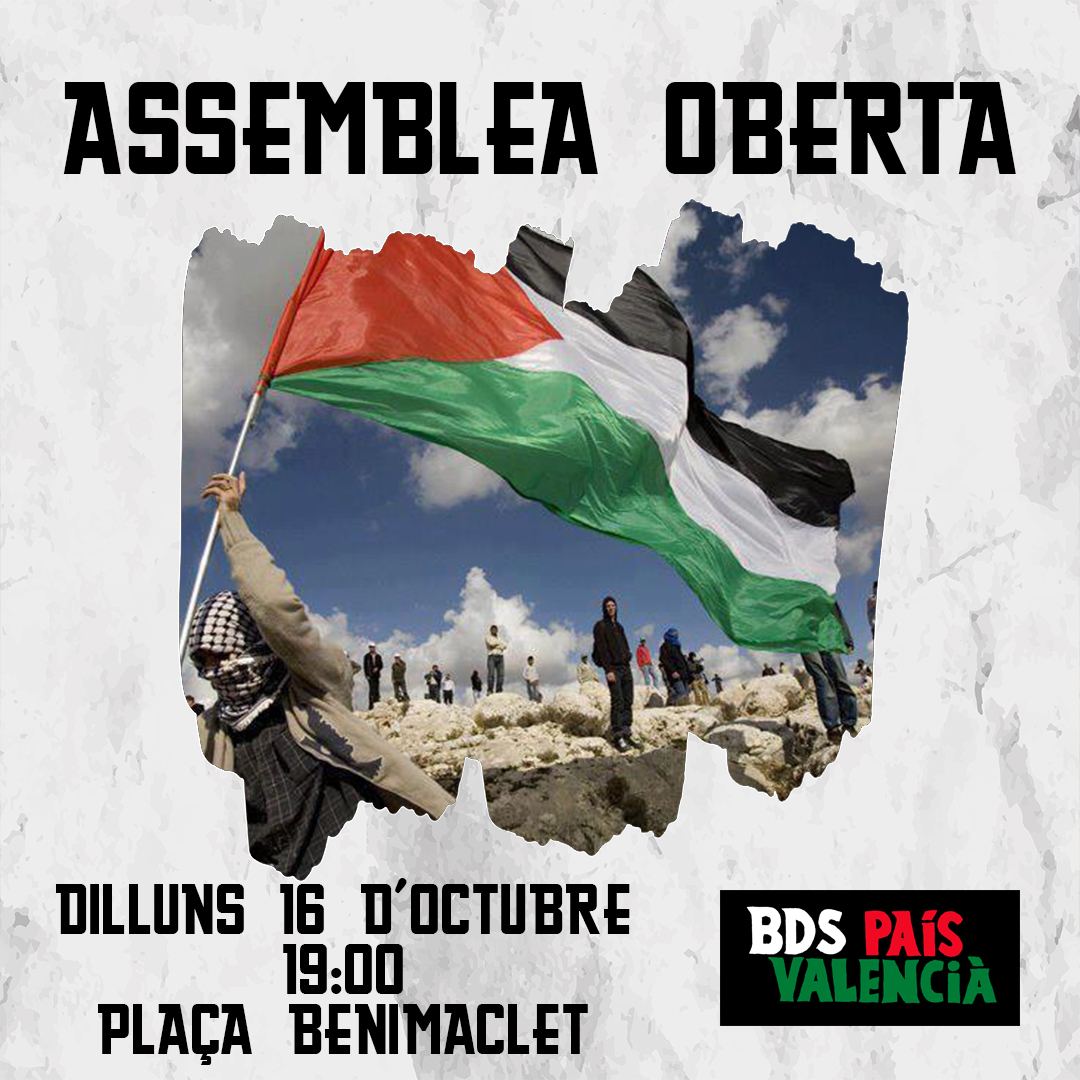 BDSPaisValencia's tweet photo. Doble convocatòria de BDS País Valencià a València en suport a 🇵🇸 i contra el genocidi israelià :

📍Dilluns 16 octubre, 19h, plaça de Benimaclet
📍Dimarts 17 octubre, 19h, plaça de l'Ajuntament

#BDS #MilitaryEmbargo #FreePalestine https://t.co/9KqTHPv9L8