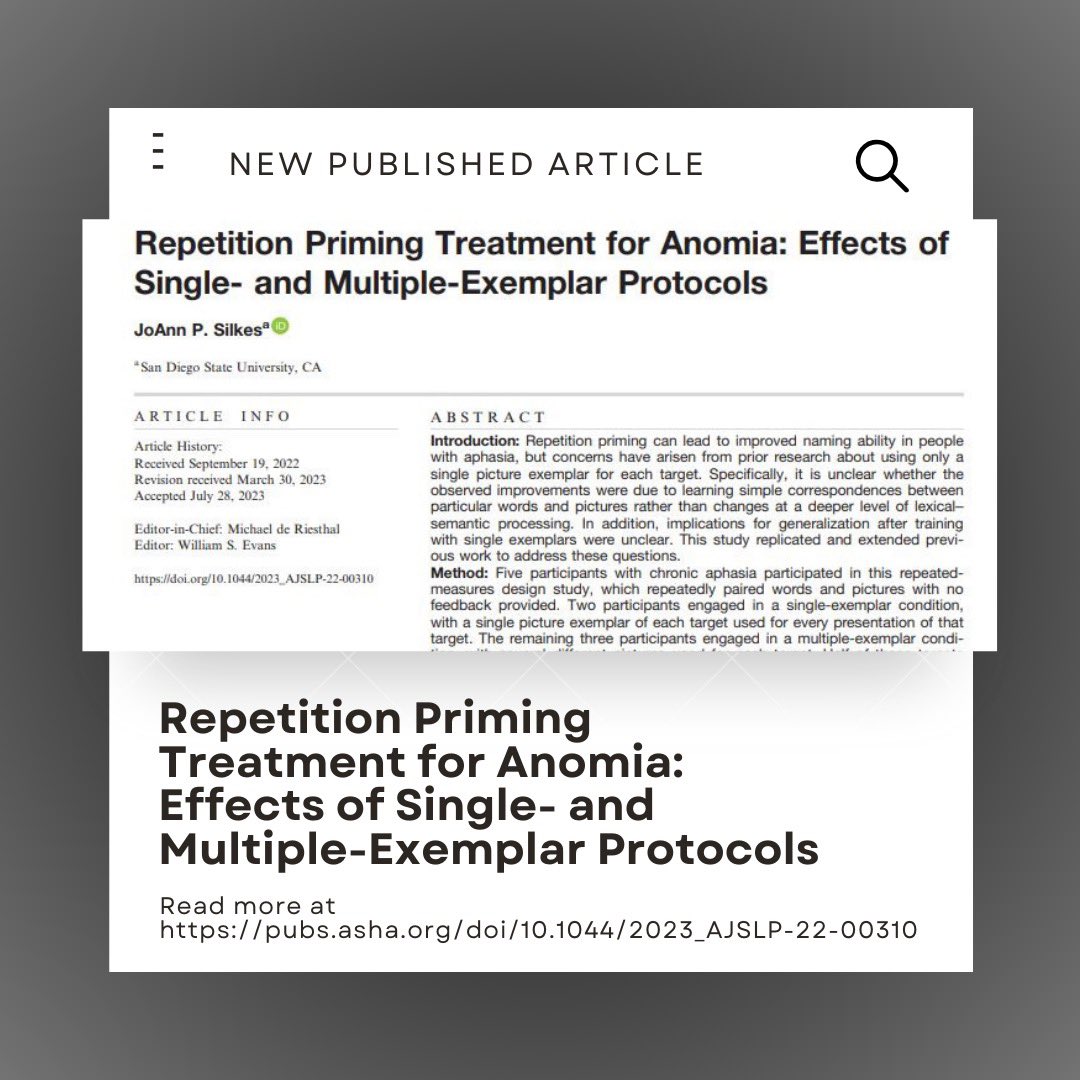 clal_sdsu's tweet image. Hot off the press! Our next step in understanding the potential for using repetition priming to treat anomia. Grateful for the whole team of people who have supported this project along the way.

pubs.asha.org/doi/10.1044/20…

#aphasiaresearch #sdsuresearch #article #sandiegostate
