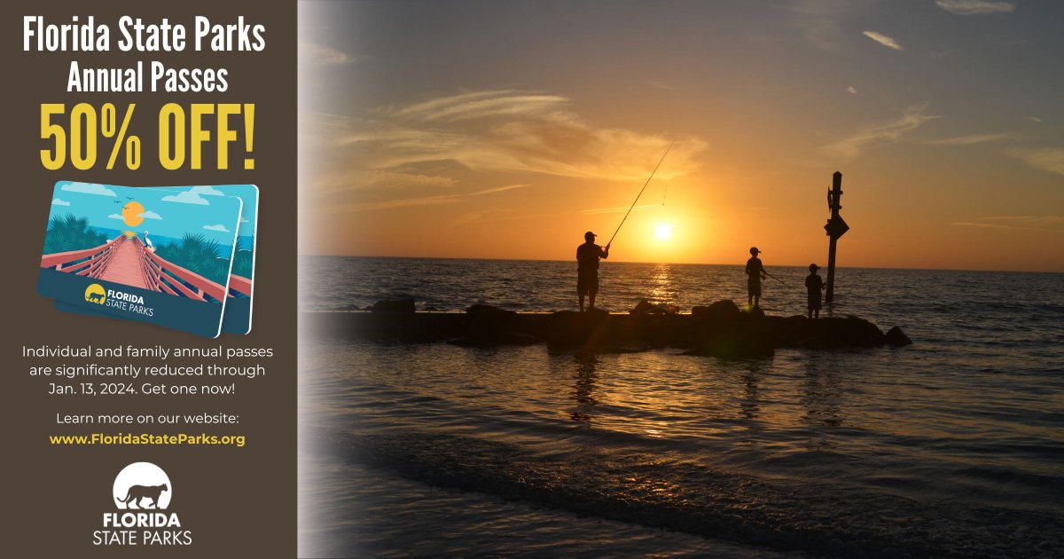 FLStateParks's tweet photo. BREAKING: Annual passes for #FLStateParks are discounted 50% starting Oct. 14! An executive order signed by @GovRonDeSantis creates a 50% discount on passes for state parks &amp; select @MyFWC fishing licenses through Jan. 13, 2024.

Learn more! https://t.co/IuJeHr6loy

#GoOutdoorsFL https://t.co/fEcc4BNMJ2