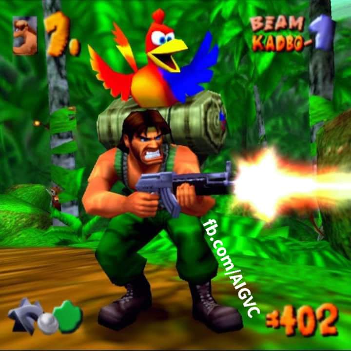 AIGenGames's tweet photo. Title: Rambo-Kazooie
Genre: Platform, Shoot'em up
Platform: Nintendo 64
Released in 1998 https://t.co/9bxgPiC6tC