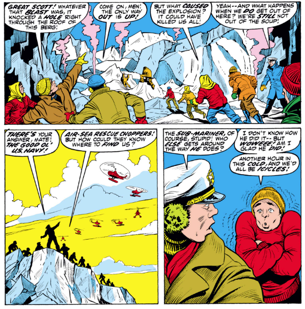 MarvelADay's tweet photo. #SM55 #MarvelADay Turns out the helicopters blew up the iceberg off-panel, but at least the rescue choppers are also getting a chance to do what they do best: air lift stranded sailors! This very scene inspired a hit song by The Village People in 1979! PMB https://t.co/XIGvPcpmEe