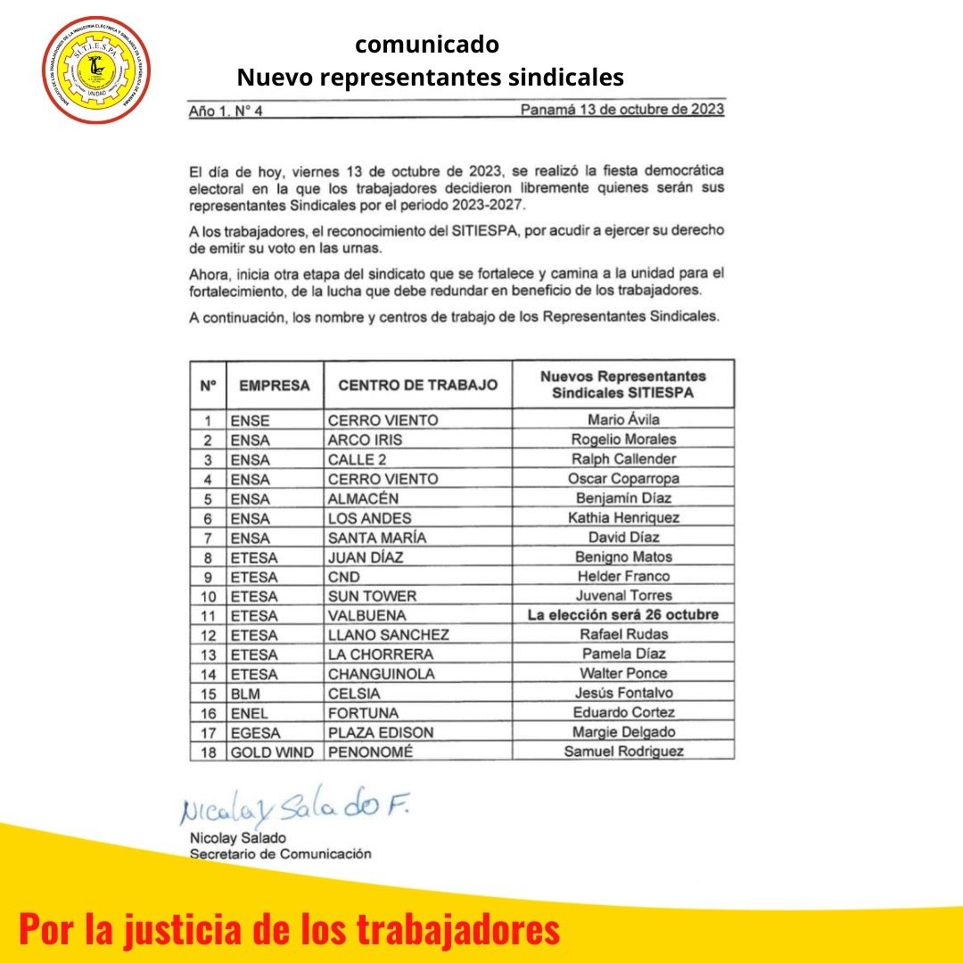 Sitiespa_Panama's tweet photo. #Comunicamos nuestro nuevos representantes que fueron elegidos en los centros de trabajo
@Etesatransmite @ENSApanama @EnsaServicios @celsia https://t.co/XGc5SZyNfG