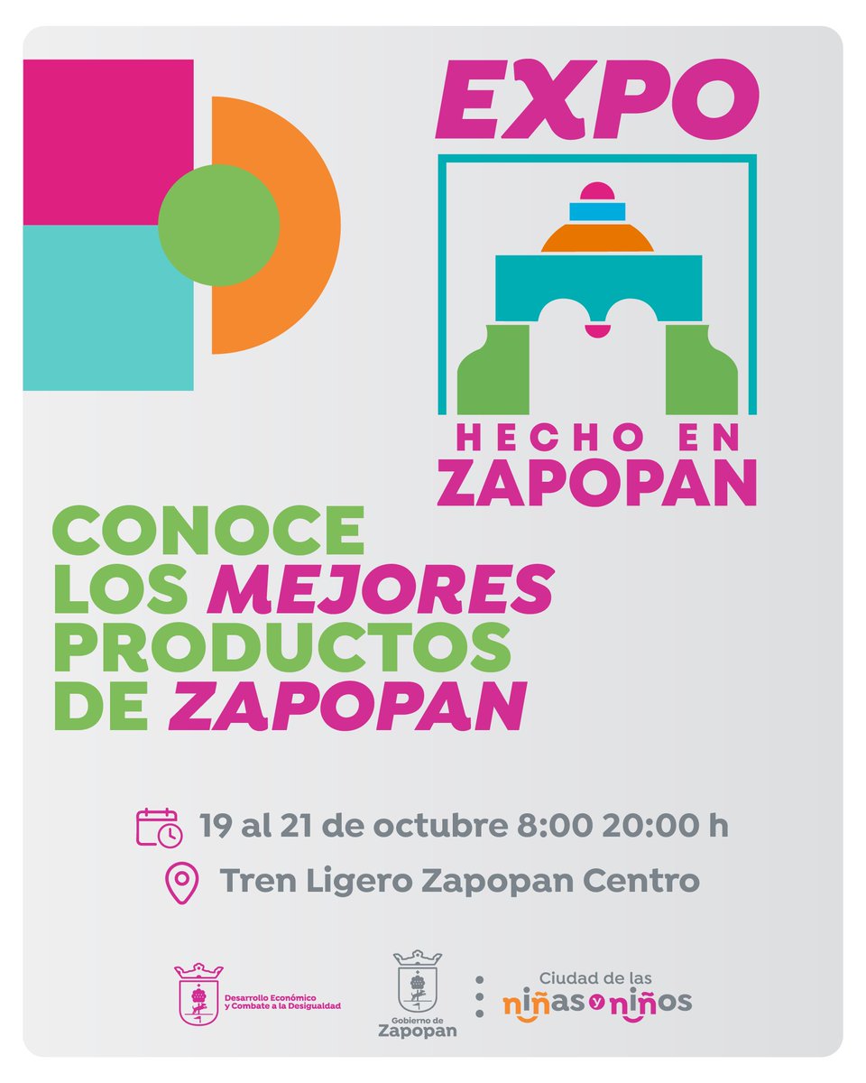 La próxima semana tendremos la #ExpoHechoEnZapopan ✨ Te esperamos en la estación del Tren Ligero Zapopan Centro para conocer todos los emprendimientos locales. ¡Recuerda! 19 al 21 de octubre de 08:00 a 20:00h