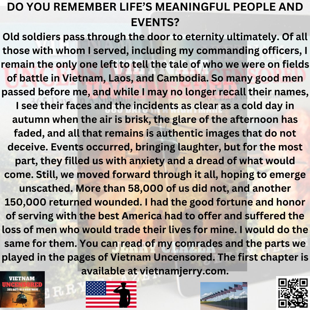 jerry_glazer's tweet photo. DO YOU REMEMBER LIFE’S MEANINGFUL PEOPLE AND EVENTS?
Memories taken from Vietnam Uncensored.
#vietnamwar
#vietnamvets
#ptsd
#readingcommunit
#selfpromotion
#writerslift https://t.co/9IscR6uKzN